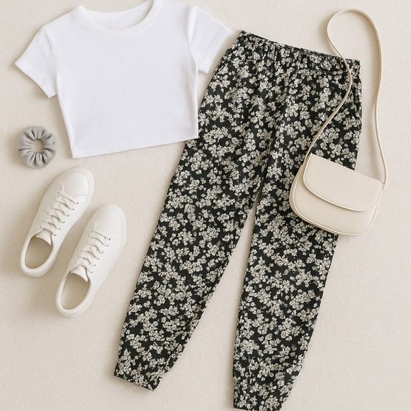 Zara Trafaluc Floral Jogger Pants M | Y2K Silky Lounge Elastic Waist - Picture 3 of 14